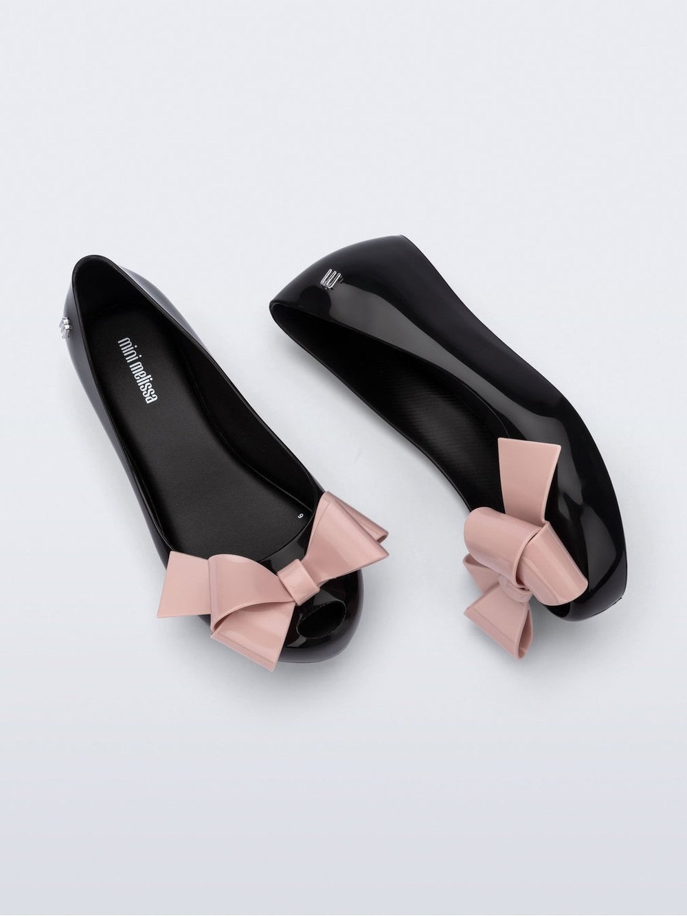 Mini Melissa Black Patent Flats with Pink Bow Accent
